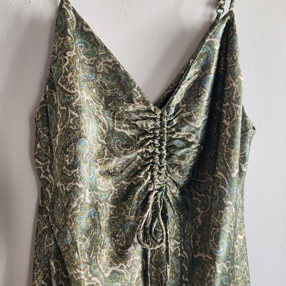 Zara Ruched Floral Paisley Print Satin Mini Slip Babydoll Dress Spaghetti Strap - Picture 4 of 7